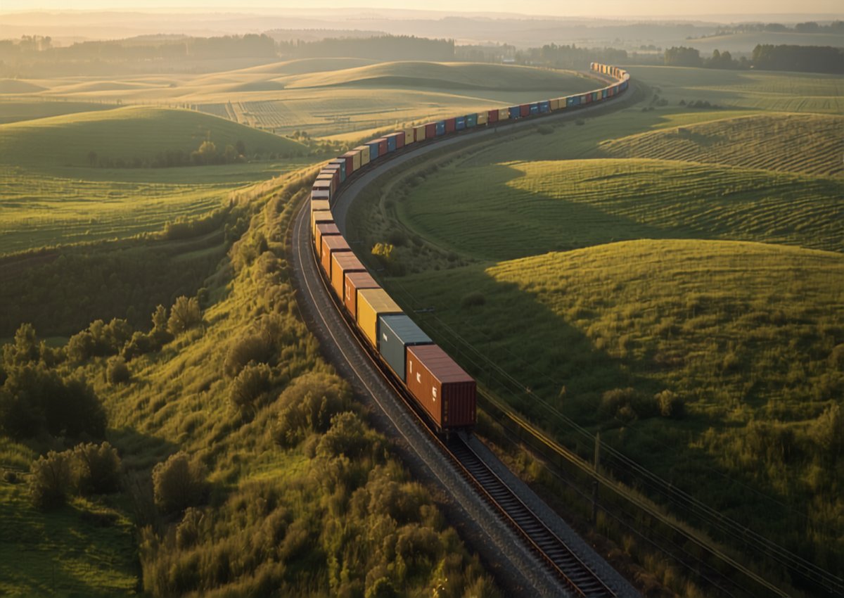 Containers being loaded onto a rail rake for MTLS rail freight service